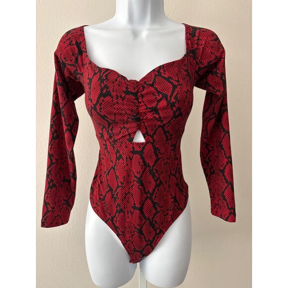 Guess Bodysuit M Red Snake-Print Deep V Sweetheart Neckline Cutout Y2K Clubwear - Picture 2 of 16